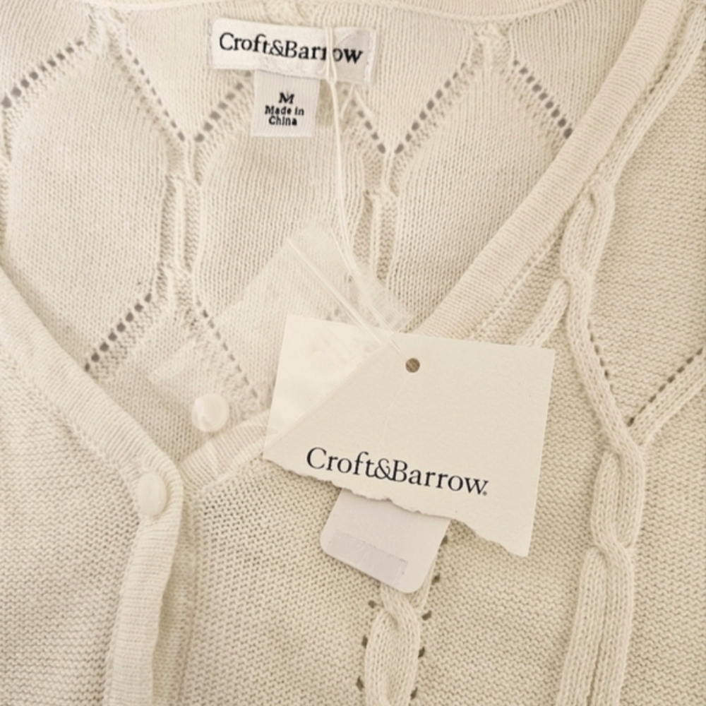 Open Cable Knit Cotton Button Up Cardigan in Ivory Size Medium NWT - Picture 8 of 9